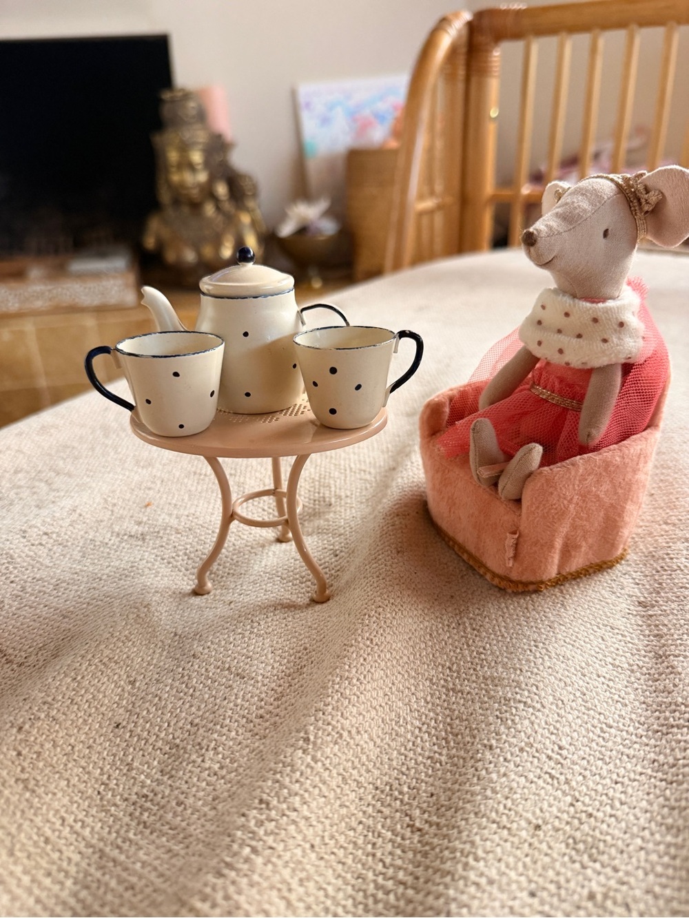Maileg tea for two miniature size-Painted Cream Polka Dot Teapot Set - - Picture 2 of 5